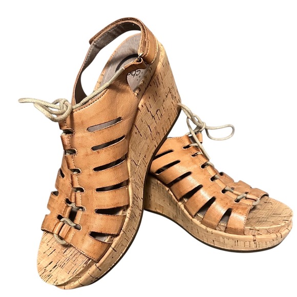 Abeo Shoes - Abeo Slingback Wedge Sandals Women 8 Tan Leather Lace Up Cork Platform